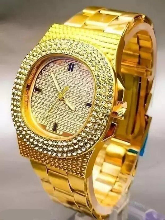 Golden stone studded diamond wrist watch for boys & men price